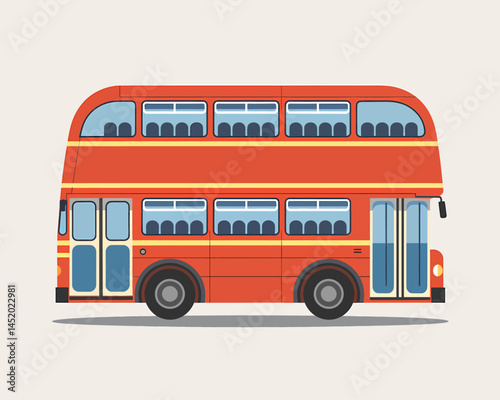 UntitledFlat vector illustration of a red double-decker bus on city street with colorful buildings and cloudy sky background