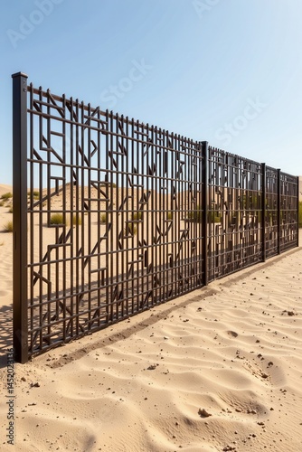 modern minimalist windbreak fence with geometric metal patterns casting shadows on desert sand, architectural concept photography