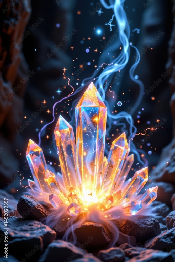 pulsewaves flowing through a crystal structure, causing the crystals to glow and pulse with energy, creating a magical