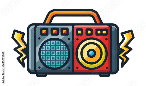 Vintage Boombox Beats: A vibrantly illustrated boombox illustration, radiating musical energy and a vintage vibe. It's a symbol of sound, music, and the golden age of audio technology. 