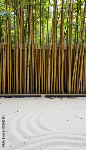 windbreak of bamboo poles surrounding a serene zen garden, minimal japanese aesthetic with raked sand patterns