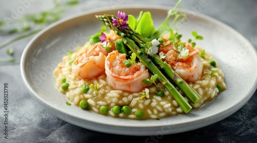 Shrimp and asparagus risotto with green peas and edible flowers in ceramic plate close up