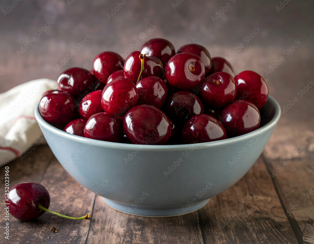 Fresh Cherries In Grey Bowl On Wooden Table Fresh Cherries In Grey Bowl On Wooden Table