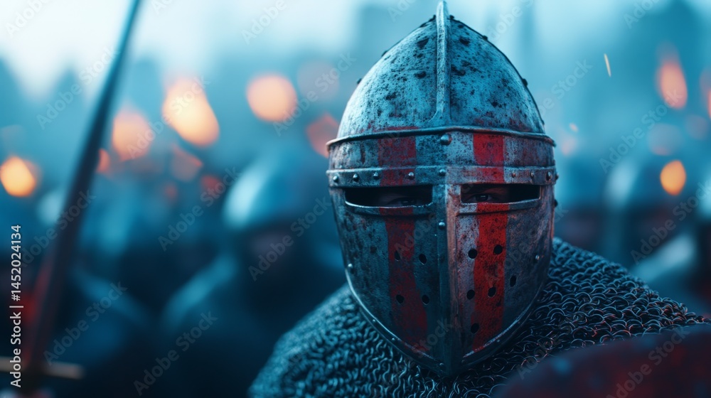 Obraz premium Warriors clad in armor prepare for battle at dawn in a medieval landscape with torches illuminating the atmosphere
