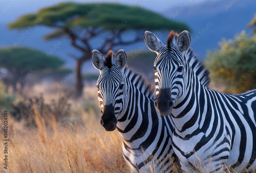 Fototapeta premium two zebras in the savannah at sunset, standing under an acacia tree with tall grasses around them