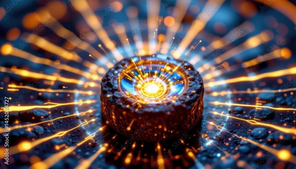close up of a glowing energy crystal emitting pulsewaves, with the energy expanding outwards in concentric circles of light.