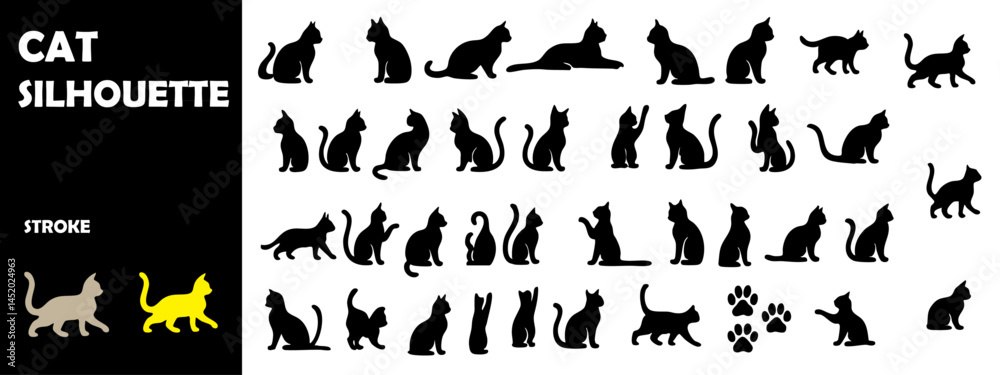 Fototapeta premium Cat Silhouette Set – Various Poses and Positions in Vector Format