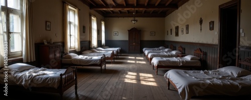 drafty room in an orphanage, beds lined up neatly with curtains pulled tight and cold creeping through the floorboards