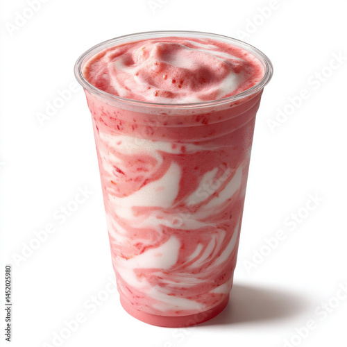 Strawberry smoothie swirl in clear plastic cup with creamy texture and vibrant color