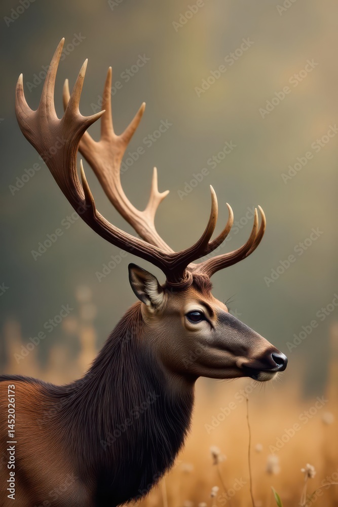Majestic Deer Profile in Autumn Meadow, Showing Antler Detail and Soft Brown Fur Majestic Deer Profile in Autumn Meadow, Showing Antler Detail and Soft Brown Fur