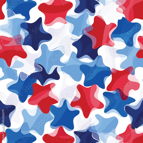 Colorful star-shaped patterns in red, blue, and white colors create a vibrant background for festive occasions and celebrations