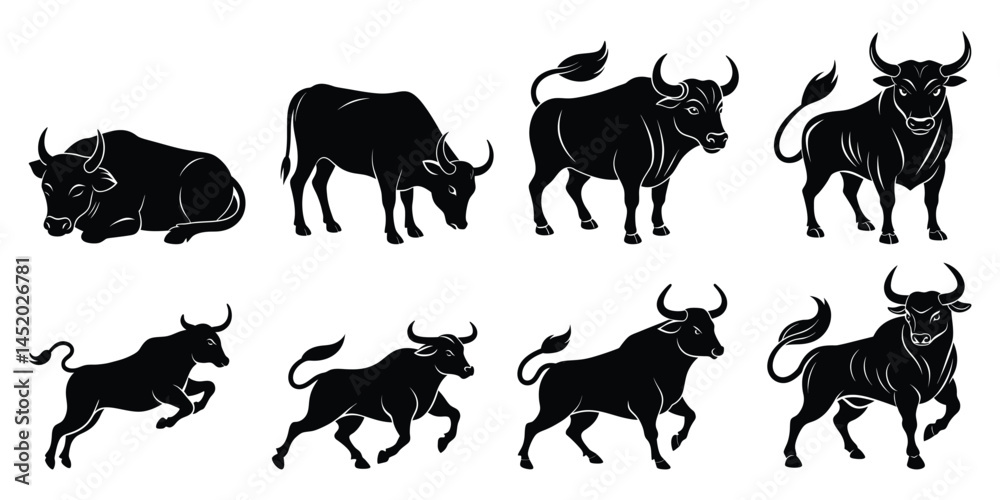 Obraz premium set of wild animals silhouette on white background a bundle of 8 bulls