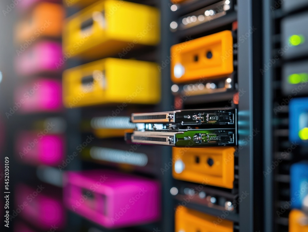data center server rack with colorful hard drives data center server rack with colorful hard drives