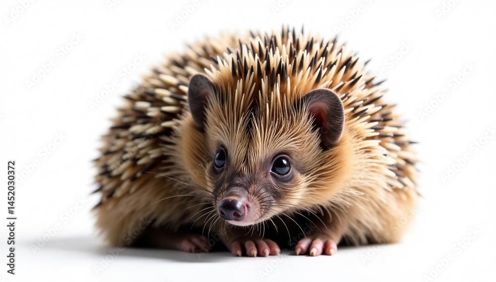 Fototapeta premium Brown hedgehog, curled into a ball, against bright white backdrop, vector, brown