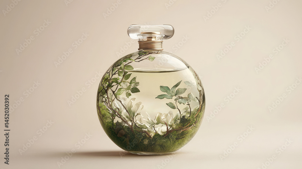 Elegant perfume bottle with delicate botanicals. A round glass bottle filled with a liquid, showcasing a miniature ecosystem of preserved greenery and white flowers. Elegant perfume bottle with delicate botanicals. A round glass bottle filled with a liquid, showcasing a miniature ecosystem of preserved greenery and white flowers.