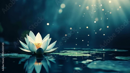 Captivating lotus flower glows under shimmering light on tranquil water Generative AI