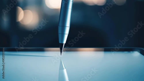 Creative digital artistry at dusk captures inspiration with a sleek pen gliding on a glowing tablet screen Generative AI