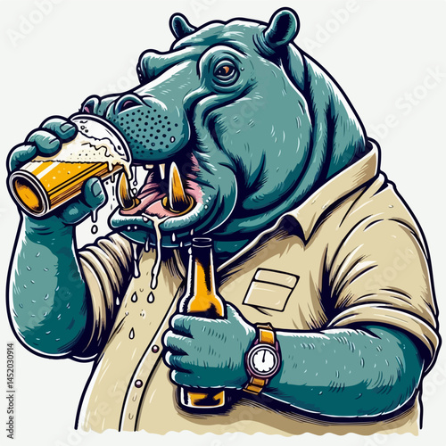 Hippopotamus enjoying a refreshing drink: A fun illustration showcases a hippopotamus, clad in casual attire, savoring a cold beverage, offering a whimsical take on relaxation. 