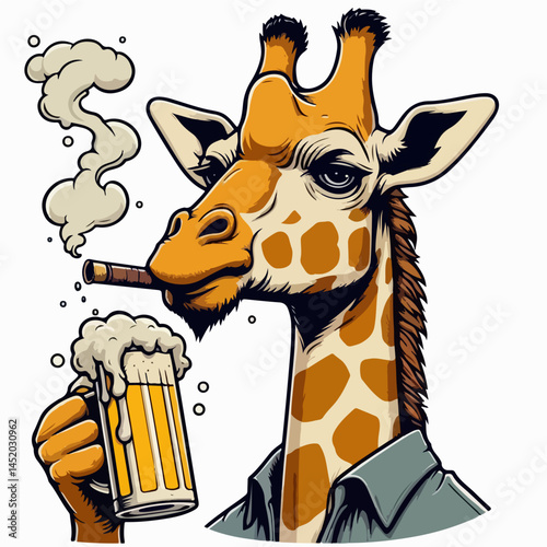 Giraffe with Cigar and Beer: An anthropomorphic giraffe, sporting a casual demeanor with a cigar in its mouth and a beer mug in its hand, creating a humorous scene.