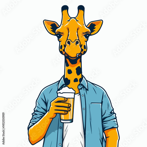 Giraffe with Beer: A stylish giraffe with a human-like body casually holds a frosty glass of beer, creating a whimsical and humorous image.
