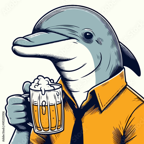 Dolphin Holding Beer: A cheerful anthropomorphic dolphin, dressed in a shirt and tie, raises a mug of frothy beer in a lighthearted and humorous illustration.