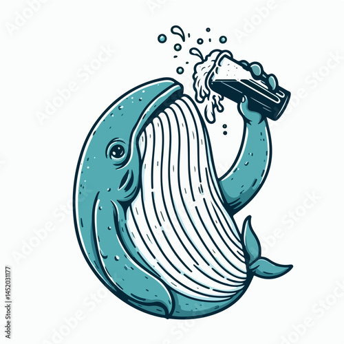 Whale with Beer: An illustrated whale is holding a glass of beer, a whimsical design, adding a lighthearted touch.