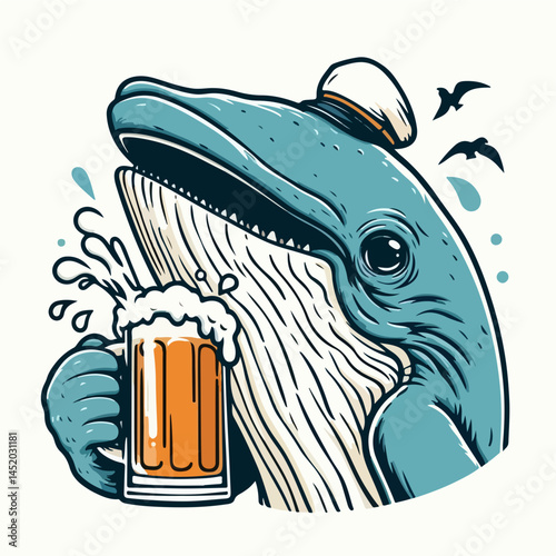 Whale with Drink: A cheerful whale, garbed in a sailor's cap, takes a moment of respite, relishing a tall glass of beer, playfully illustrating the fusion of maritime whimsy and leisure.