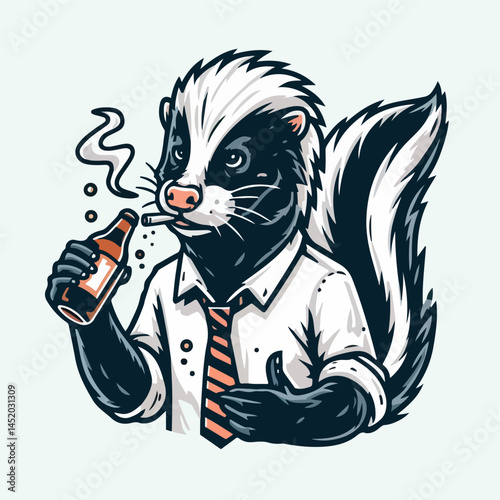 Dapper Skunk's Leisure: A sophisticated skunk takes a moment for a drink and a smoke. This illustration showcases a light-hearted, modern style.