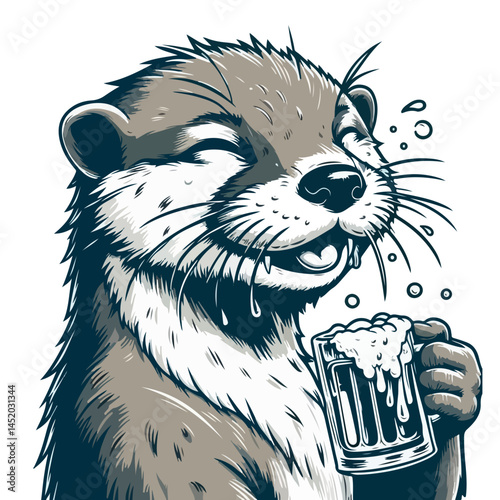Happy Otter with Beer: A cheerful otter enjoys a frothy beer, its expression radiating pure contentment. This whimsical illustration is perfect for adding a touch of fun and lightheartedness.