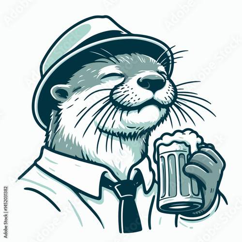 Sophisticated Otter with Beer: A cartoon illustration of a dapper otter, wearing a fedora and shirt and tie, enjoying a frothy beer. The otter's expression is one of pure contentment.