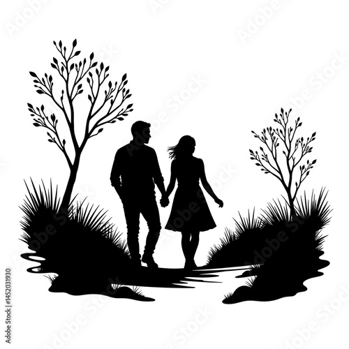Couple walking hand-in-hand on a trail with trees  