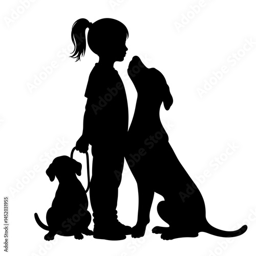 Child with two dogs showing love silhouette  