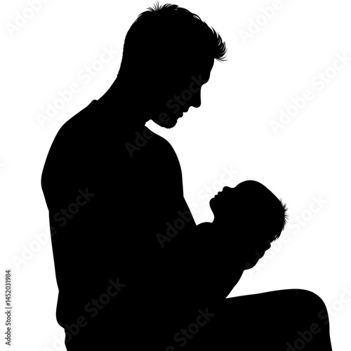 Father lovingly watching baby sleep in silhouette against white  