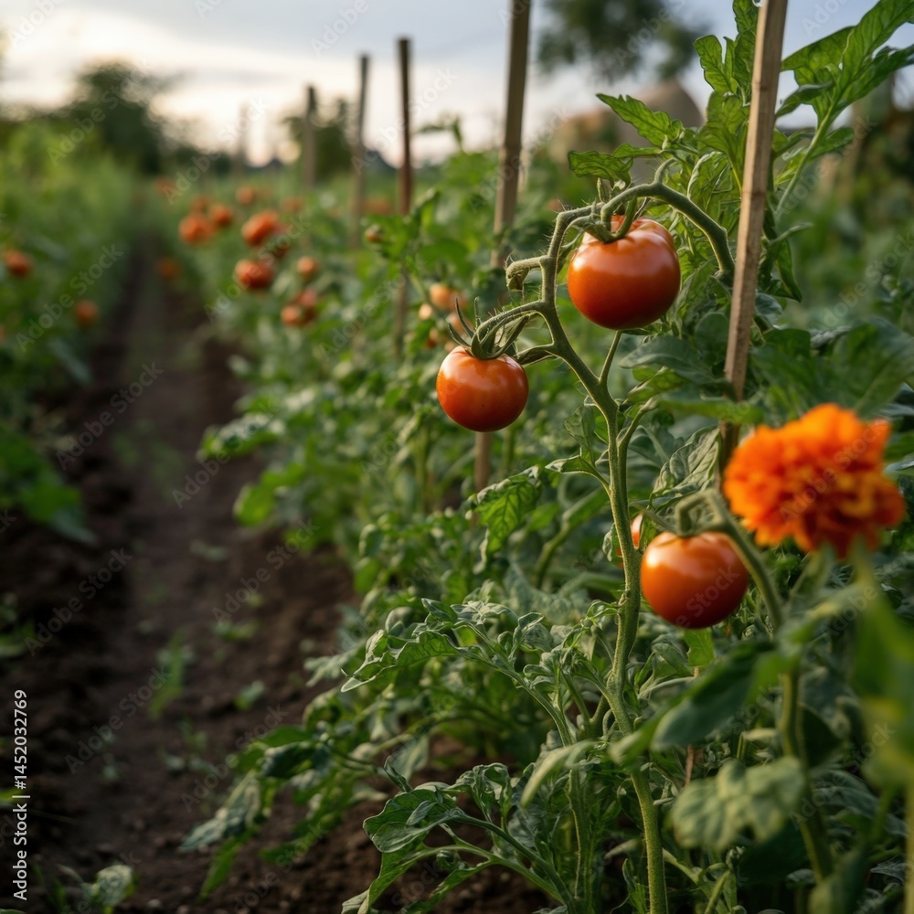 Ripe tomatoes growing in a garden on a sunny day Ripe tomatoes growing in a garden on a sunny day