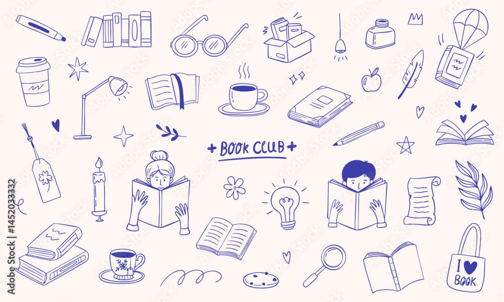 book club reading - doodle sketch hand-drawn illustration collection