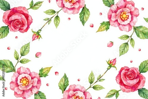 Delicate watercolor roses & leaves, repeat pattern, pink, surface, seamless
