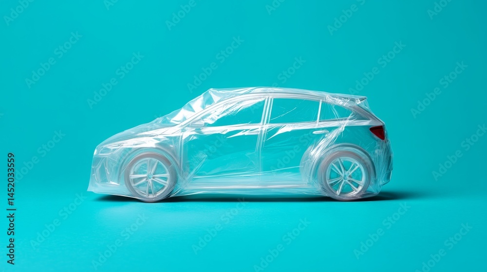 Plastic wrapped car on teal background showcasing vehicle protection concept and environmental awareness Plastic wrapped car on teal background showcasing vehicle protection concept and environmental awareness