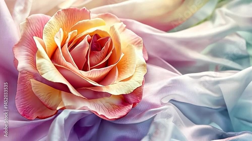 Elegant rose blossoms on soft pastel fabric creating a serene and artistic ambiance in a cozy indoor setting Generative AI
