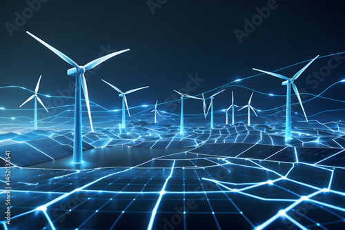 Abstract wind turbine and solar panel energy landscape with blue technology grid