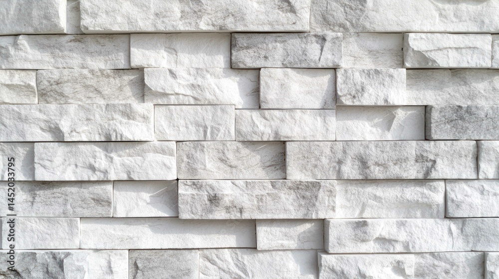 Fototapeta premium A textured stone wall, with a neutral grey-white palette, stack block pattern.