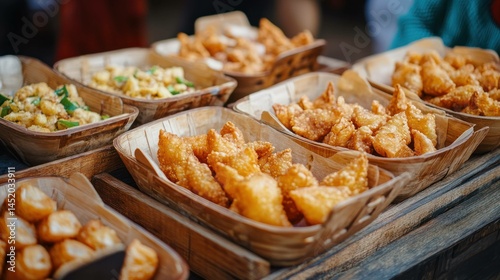 Assortment of fried food in wooden baskets. Savory and delicious street food.