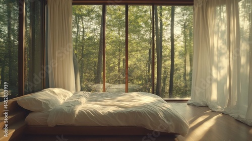 Cozy bedroom with forest view, natural light, and comfortable white bed.