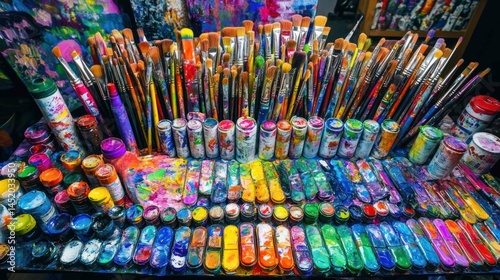 Colorful arrangement of paintbrushes and tubes in an artist's studio.