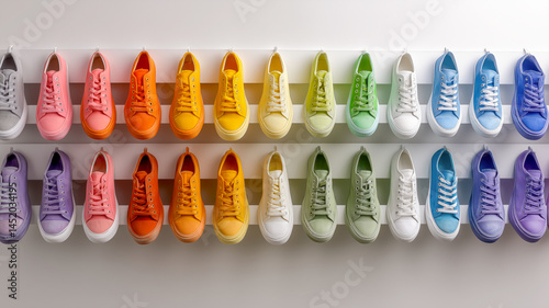Rainbow of canvas sneakers displayed on a white wall, arranged by color in two rows. Colorful footwear concept.