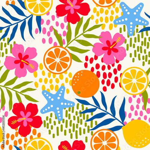 Colorful hibiscus flower, citrus fruit, starfish and tropical leaf seamless pattern design for summer holidays background.