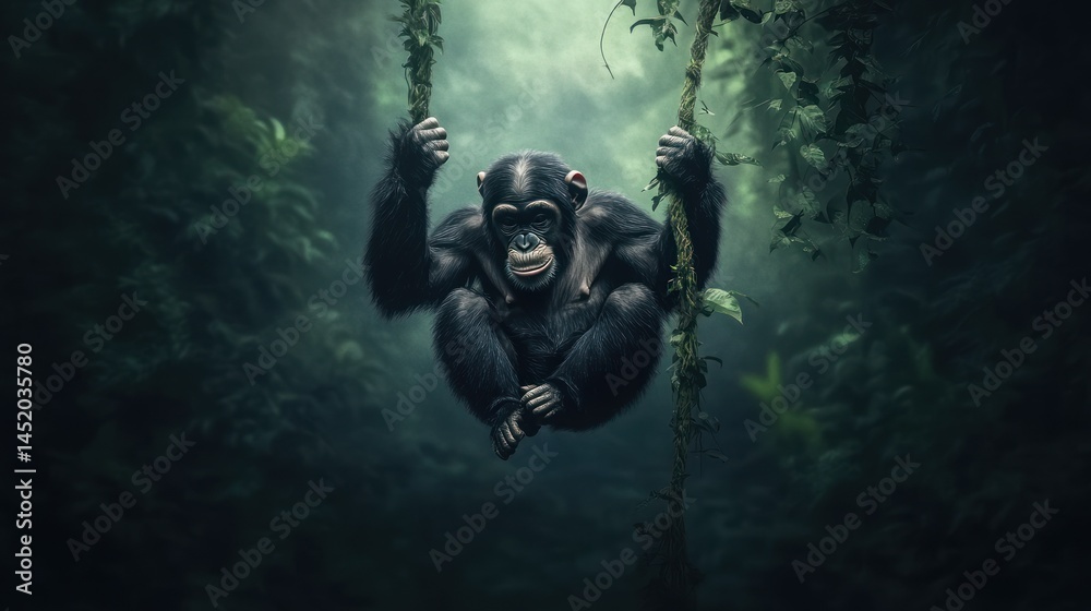 Fototapeta premium Chimpanzee hanging in lush jungle canopy