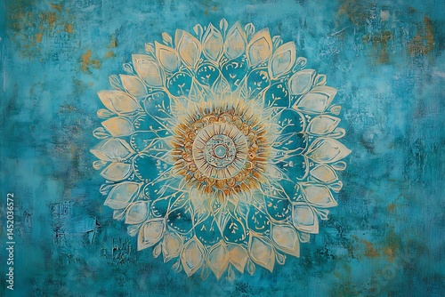 Artistic textured turquoise backdrop displays a golden floral mandala in a stylized, vibrant aesthetic