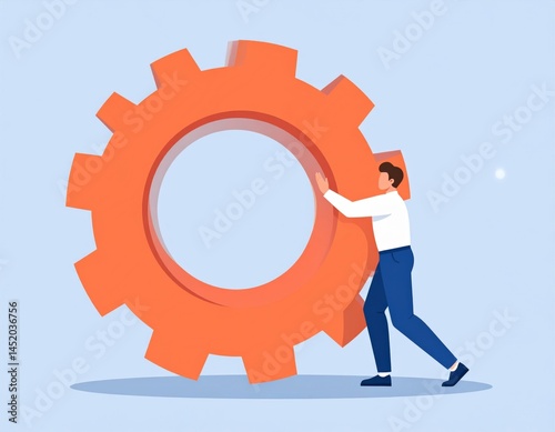 Businessman Pushing Large Orange Gear