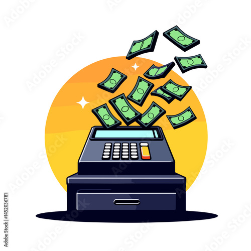 Dynamic cash register overflowing with money, urgency and deals