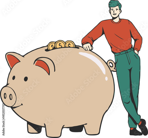 Man Leaning Relaxed on Large Piggy Bank Financial Security